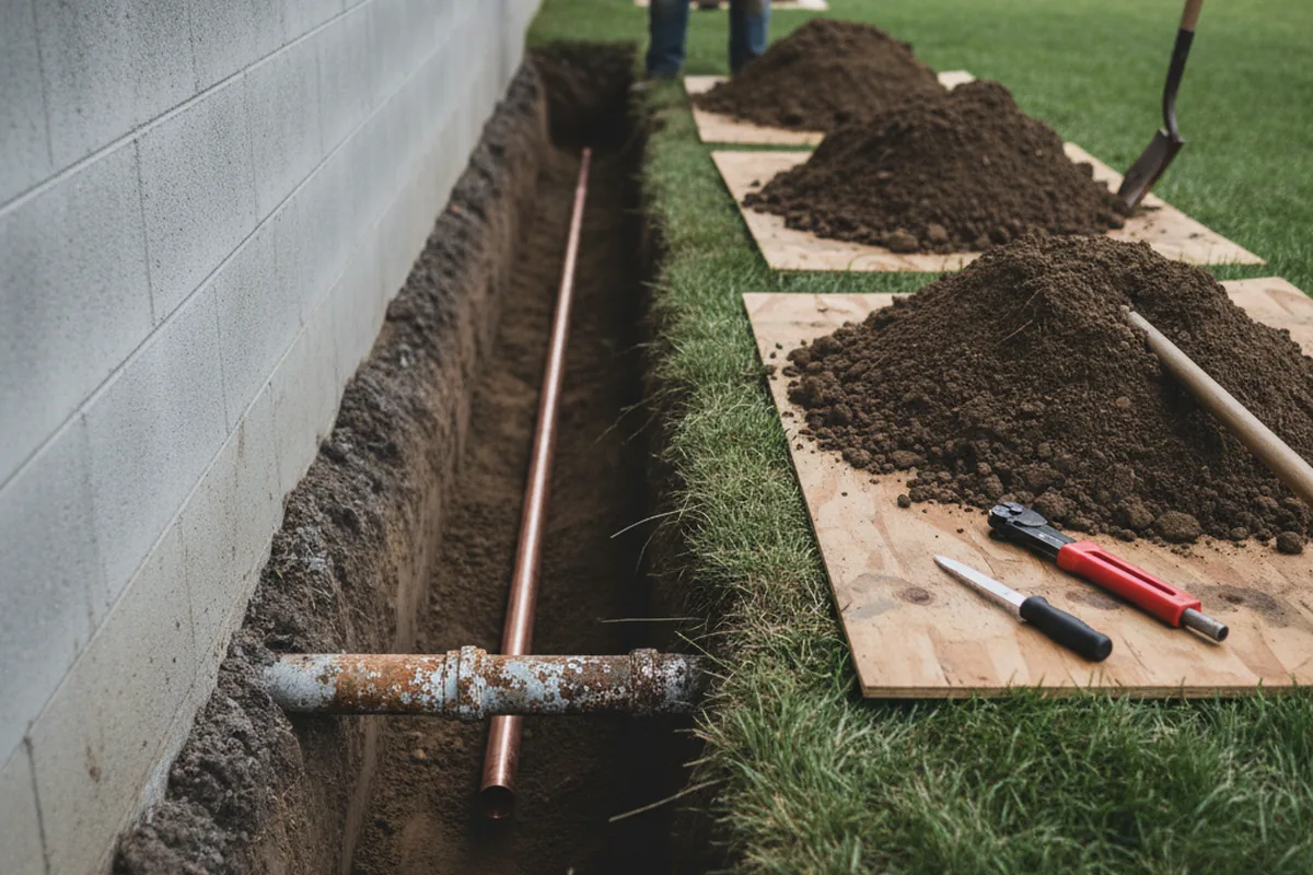 Excavated water line trench during Water Softener Installation in Fairfax Station